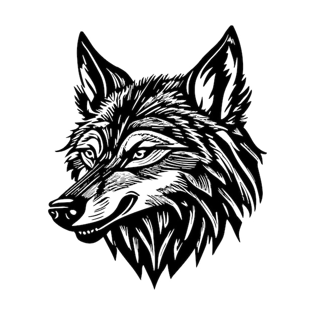 Plik wektorowy ilustracja głowy wilka w stylu linocutu grawerowania drewna czarno-białego białego tła