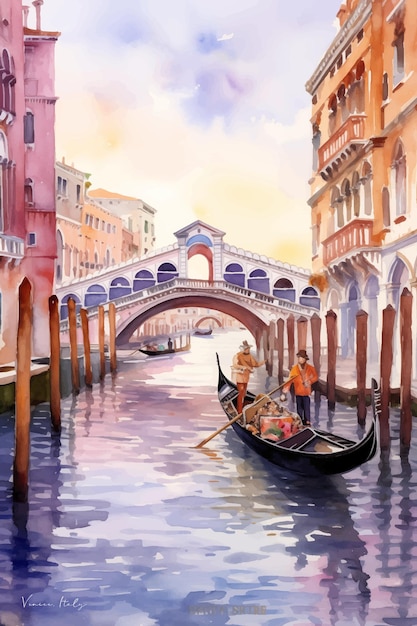 Plik wektorowy ilustracja gondoli pływającej pod mostem w wenecji