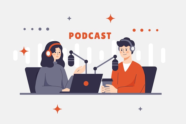 Ilustracja gospodarzy podcastów w studiu dyskutujących na tematy z mikrofonami, słuchawkami i laptopem