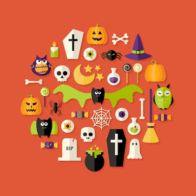 Plik wektorowy ilustracja halloween płaskie ikony ustawione na czerwono