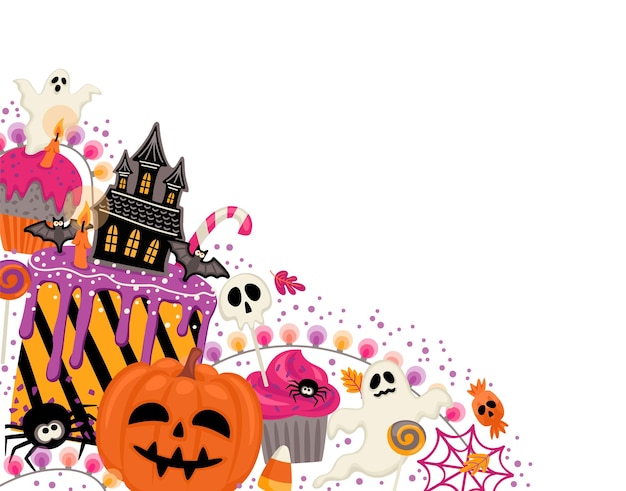 Ilustracja Halloween Zdobione Babeczki, Babeczki, Wypieki, Słodycze, Cukierki Szablon Wektorowy Dla Karty Banerowej, Plakatowej, Internetowej I Innych Zastosowań