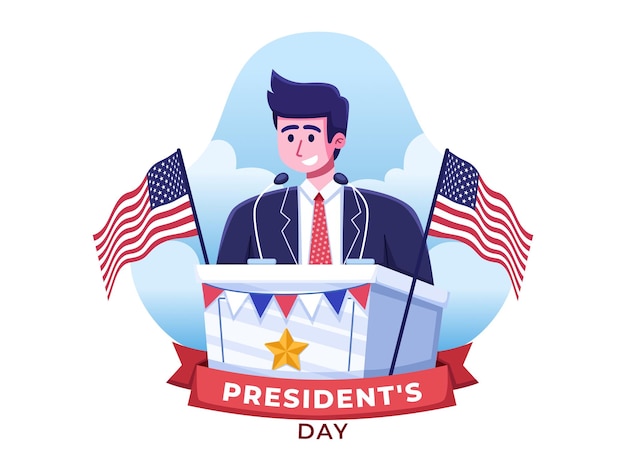 Ilustracja Happy America President's Day Z Prezydentem Przemawiającym Na Trybunie.