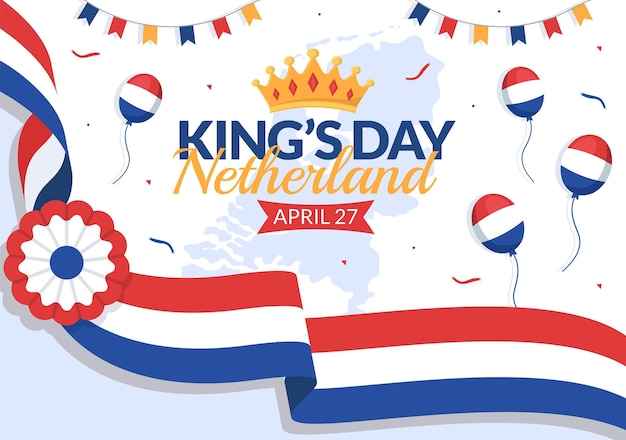 Ilustracja Happy Kings Holland Day Z Flagą Fali I Obchodami Króla W Ręcznie Rysowanych Szablonach