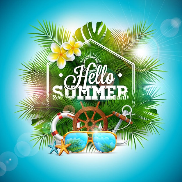Ilustracja Hello Summer z elementami wypoczynku na plaży Kwiat i tropikalne liście palmowe