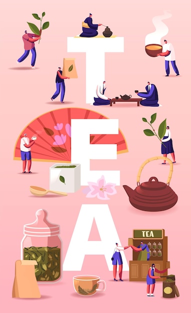 Ilustracja herbaty. Ludzie uprawiający, opiekujący się, zbierający płody rolne, sprzedają i piją herbatę