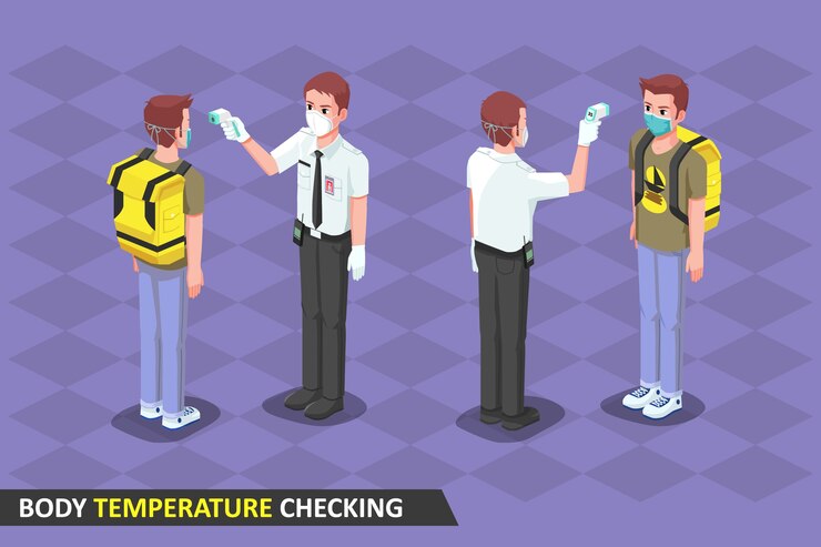 Ilustracja izometryczna, Bezpieczeństwo sprawdzające temperaturę ciała za pomocą termogunu