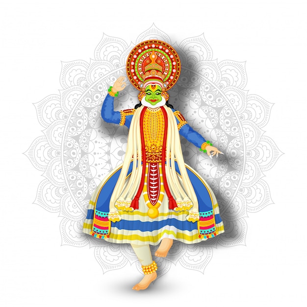 Ilustracja Kathakali Tancerza Spełnianie Na Białym Mandala Wzoru Tle.