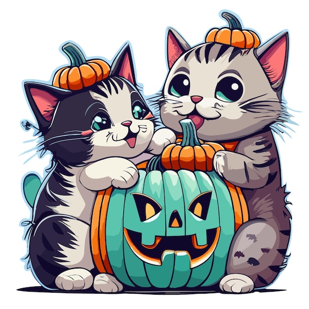 Ilustracja Kawaii Kocięta Bawią Się Małą Dynią Naklejka Z Widokiem Na Halloween Z Boku