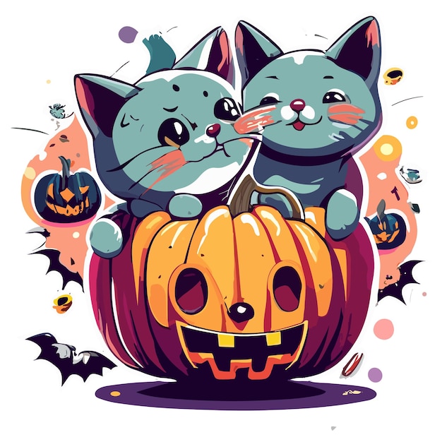 Ilustracja Kawaii Kocięta Bawią Się Małą Dynią Naklejka Z Widokiem Na Halloween Z Boku