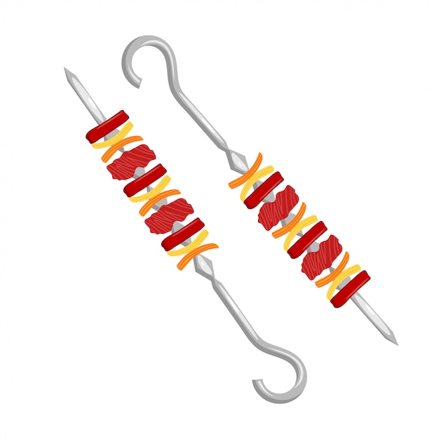 Ilustracja Kebab Na Metalowych Szpikulcach. Kebab Z Mięsem I Warzywami. Kebab W Stylu Kreskówki. Mięso Tradycyjne Danie Mięsne W Ogniu