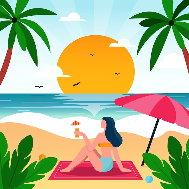 Ilustracja kobiety trzymającej sok na plaży