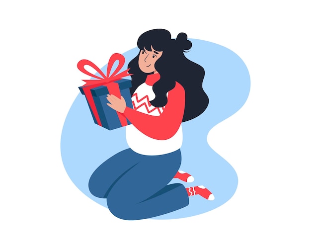 Ilustracja kobiety trzymającej w rękach prezent świąteczny