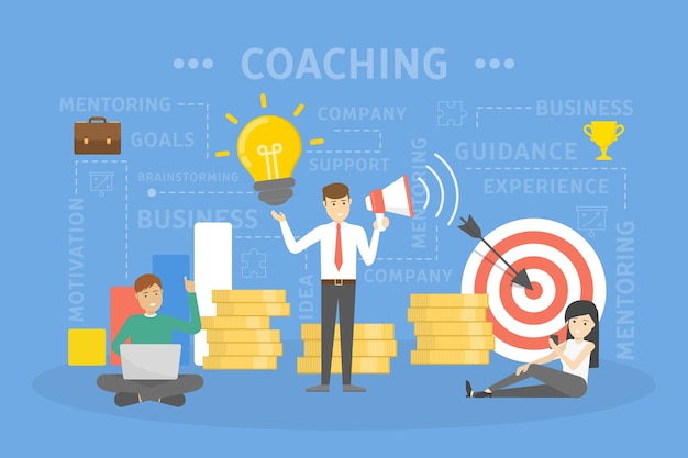 Ilustracja Koncepcja Coachingu. Poradnictwo, Edukacja, Motywacja I Doskonalenie. Idea Wsparcia I Szkoleń Biznesowych.