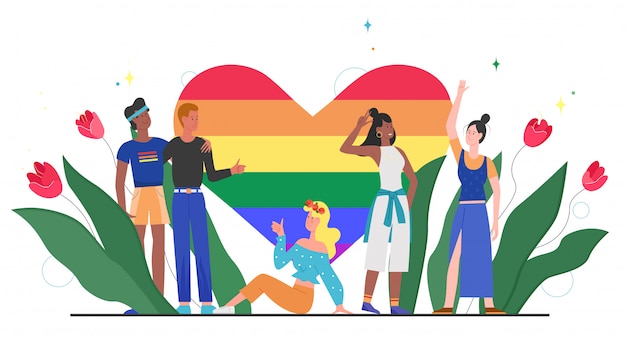 Ilustracja Koncepcja Tęczy Serca Lgbt Dumy. Cartoon Szczęśliwych Społeczności Lgbt Różnorodność Ludzi Stojących Razem Z Tęczowym Sercem, Symbolem Miłości, Równości, Tolerancji Na Białym Tle