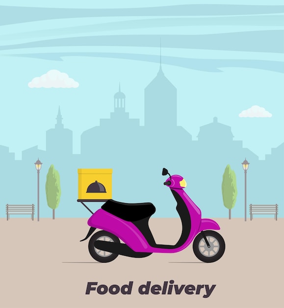 Ilustracja Koncepcja Usługi Dostawy żywności Motocykl Z Pudełkiem Na żywność Na Bagażniku Duże Miasto