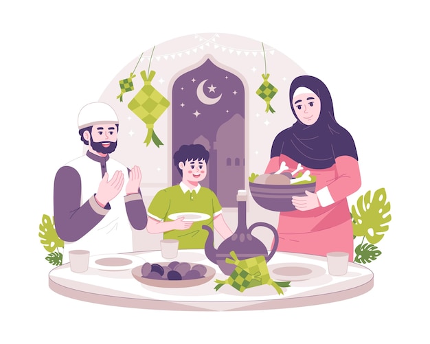 Plik wektorowy ilustracja koncepcji ramadanu szczęśliwi muzułmanie świętują święty miesiąc ramadanu