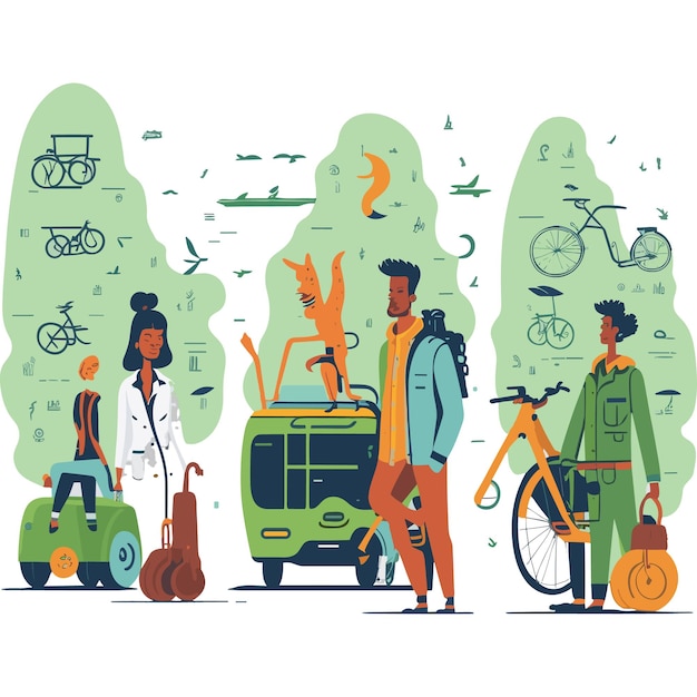 Plik wektorowy ilustracja koncepcji zrównoważonego transportu kolekcje postaci mężczyzn i kobiet wykazujące korzyści