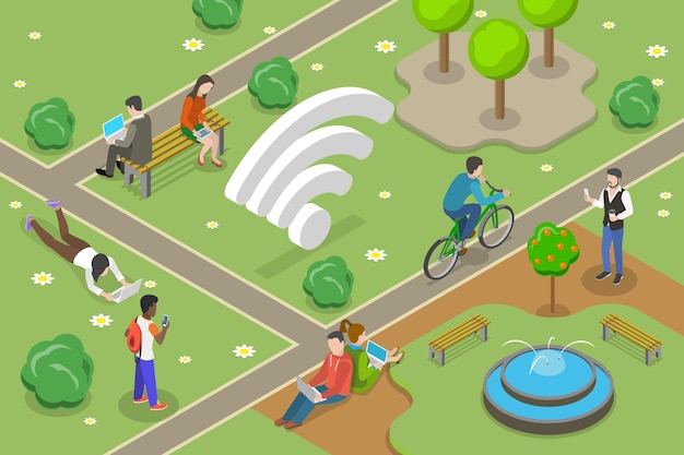 Ilustracja Koncepcyjna 3d Izometrycznego Płaskiego Wektora Bezpłatnego Wi-fi