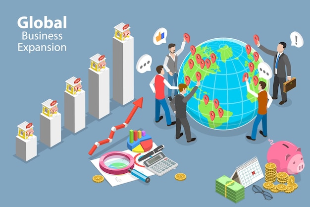 Ilustracja Koncepcyjna 3d Izometrycznego Płaskiego Wektora Globalnej Ekspansji Biznesowej