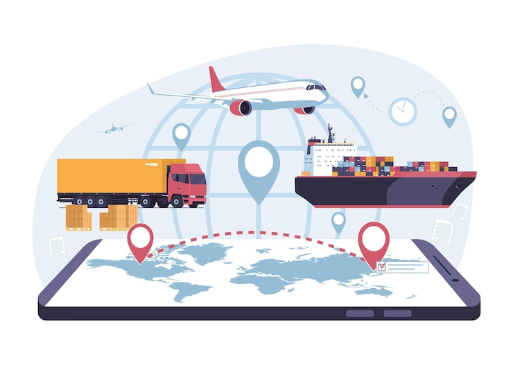 Wektor ilustracja koncepcyjna transportu międzynarodowego różnymi rodzajami transportu