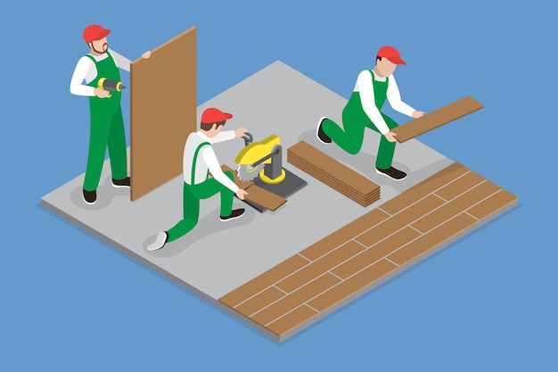 Ilustracja koncepcyjna wektora płaskiego izometrycznego 3D do układania płytki parkietowej na podłodze
