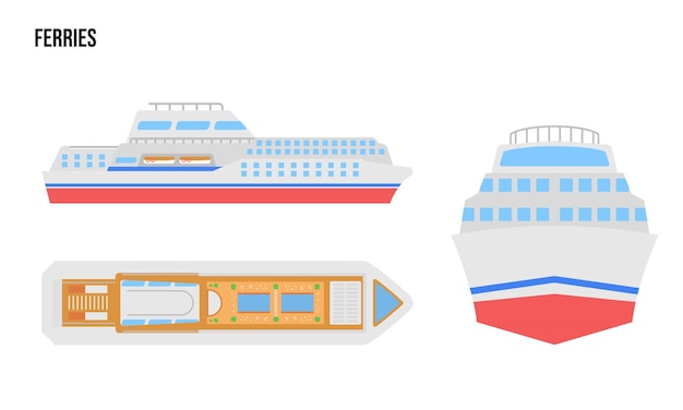 Plik wektorowy ilustracja konstrukcji płaskiego promu pojazdy publiczne widok z góry widok boczny widok z przodu izolowany białym tłem