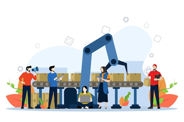 Ilustracja Kontrolera Linii Produkcyjnej Z Pracownikami I Wykorzystania Robotyki Do Ułatwienia Pracy
