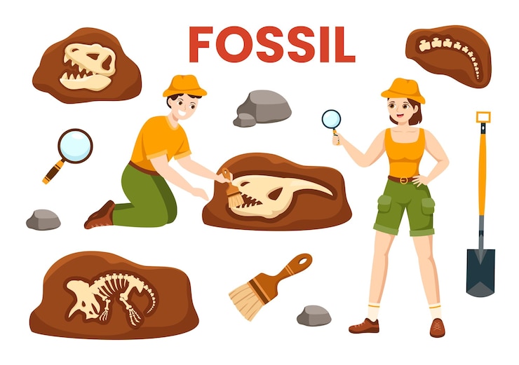 Wektor ilustracja kopalna z archeologami znajduje szkielety dinozaurów podczas wykopalisk lub kopania warstwy gleby