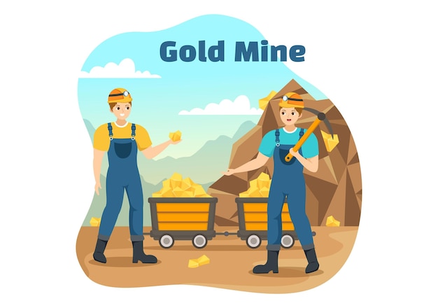 Plik wektorowy ilustracja kopalni złota z działalnością przemysłu wydobywczego dla skarbów i klejnotów w ręcznie rysowanych szablonach