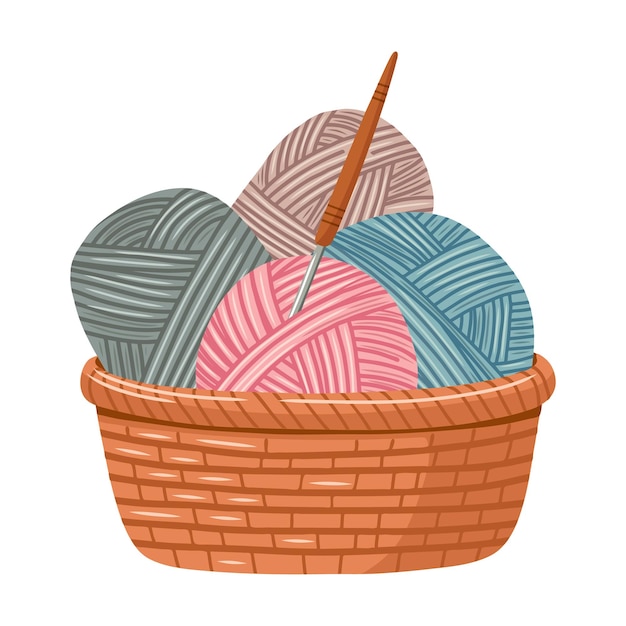 Ilustracja kosza rzemieślniczego z wiązkami przędzy i haczykiem do szycia Narzędzia do szycia Rzemiosło hobby ręczne szycie