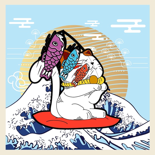 Ilustracja Kota W Stylu Japońskim Na Wydarzenie Kaijune, Notatnik, Logo