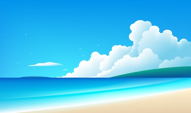 Ilustracja krajobrazu płytki poziomej w prostym stylu plaża i niebieskie niebo z białymi chmurami