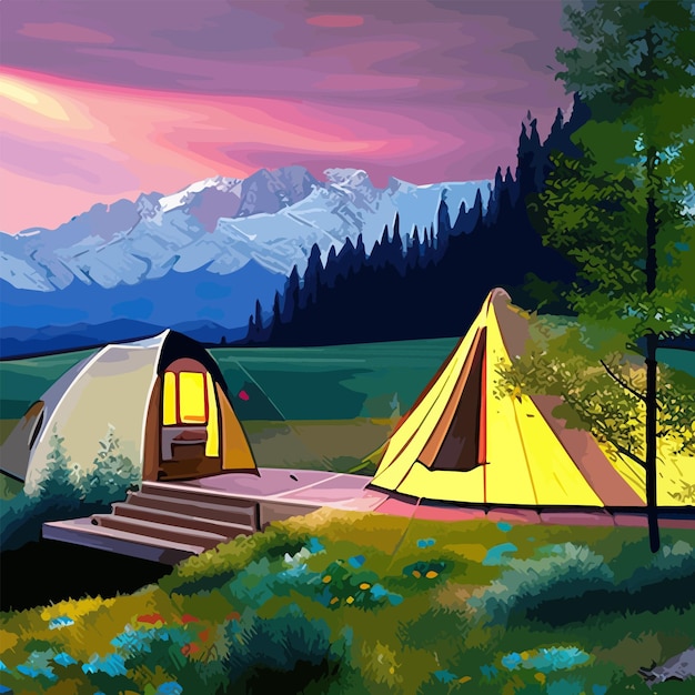 Plik wektorowy ilustracja krajobrazu słonecznego dnia w stylu płaskim z namiotem m tło lasu dla letniego obozu przyrody