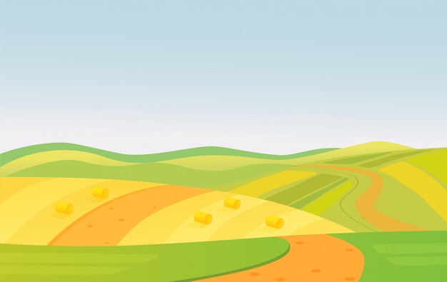 Plik wektorowy ilustracja krajobrazu wiejskiego piękne letnie pola zieleni i żółci.