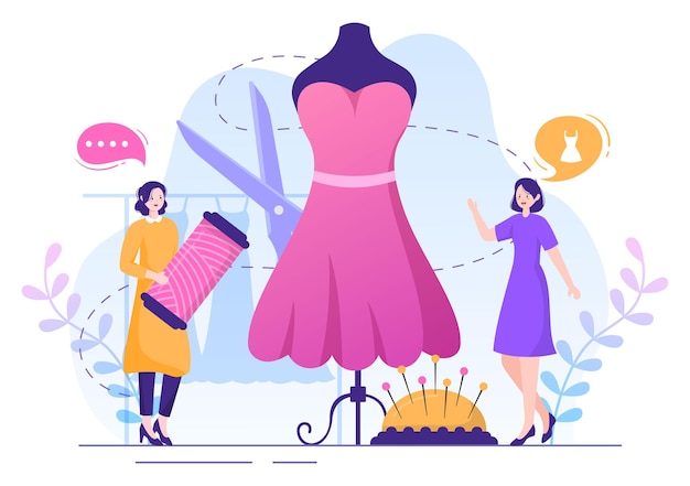 Ilustracja krawiecka z szyciem nici z tkaniny Modne nożyczki krawcowe i mierzenie
