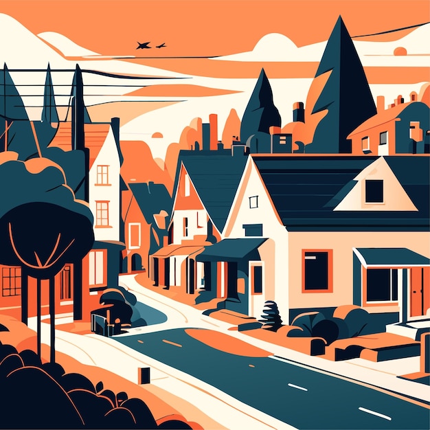 Plik wektorowy ilustracja kreskówek ulicznych lub przedmieść dzielnica z domami droga w lecie