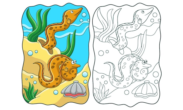 Ilustracja Kreskówka Dwa Węgorze Morskie Bawiące Się W Książce Lub Stronie Rafy Koralowej Dla Dzieci