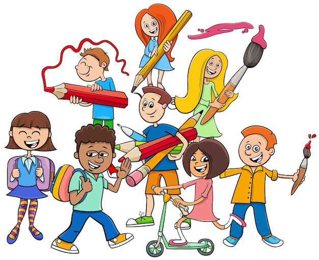 Plik wektorowy ilustracja kreskówka grupy znaków szczęśliwych uczniów szkoły podstawowej