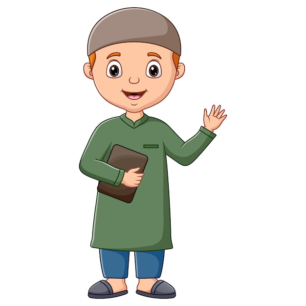 Ilustracja kreskówka islamskiego chłopca trzymającego książkę