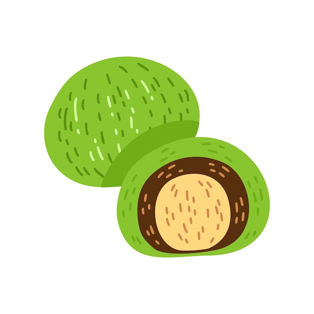 Ilustracja kreskówka japoński deser matcha, mochi, daifuku. Matcha zielona herbata mochi deser wektor ilustracja na białym tle. Azjatyckie japońskie i chińskie tradycyjne potrawy.