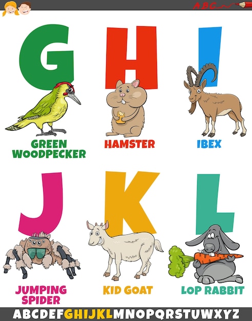 Ilustracja Kreskówka Kolorowego Alfabetu Edukacyjnego Od Litery G Do L Z Postaciami Zwierząt