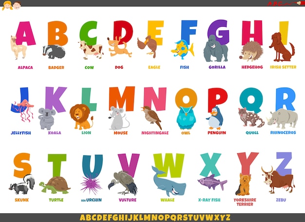 Plik wektorowy ilustracja kreskówka kolorowy pełny alfabet z zabawnymi postaciami zwierząt i podpisami