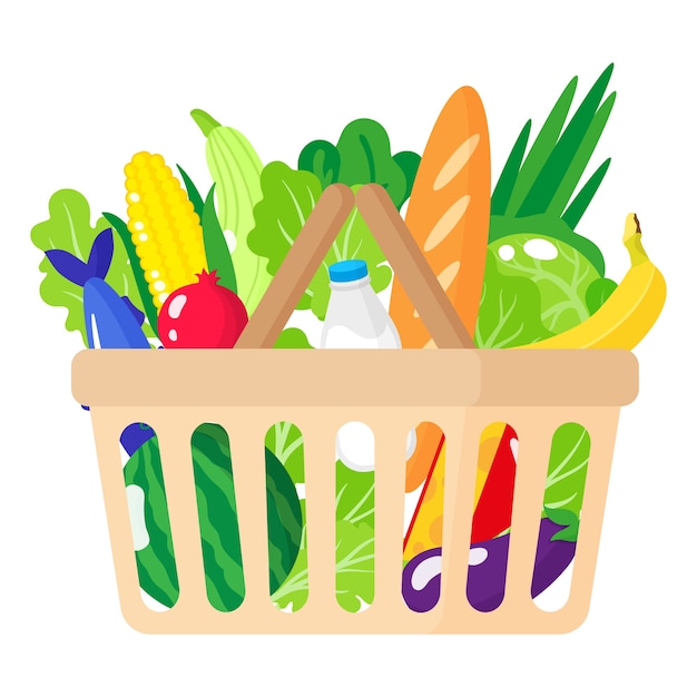 Ilustracja Kreskówka Kosz Spożywczy W Supermarkecie Ze Zdrową żywnością Ekologiczną Na Białym Tle