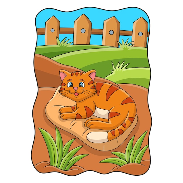 Ilustracja Kreskówka Kot Leżący Na Dywanie W Dziedzińcu Książki Lub Strony Dla Dzieci