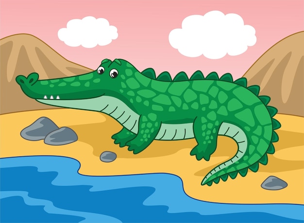 Ilustracja Kreskówka Krokodyla Na Plaży.