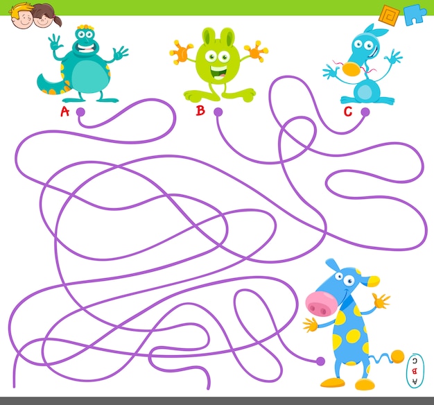 Ilustracja kreskówka labirynt puzzle z potworami