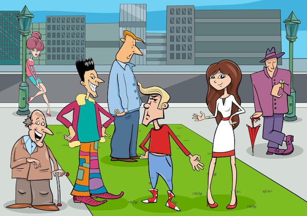 Plik wektorowy ilustracja kreskówka ludzi komiksowych postaci na ulicy w mieście