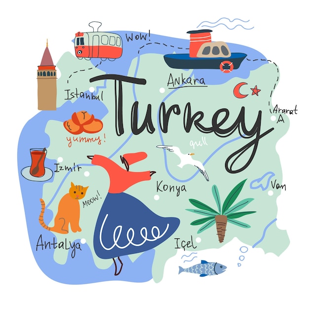 Plik wektorowy ilustracja kreskówka mapa turcji ręcznie rysowany szablon strony głównej podróży lub broszura dla touris