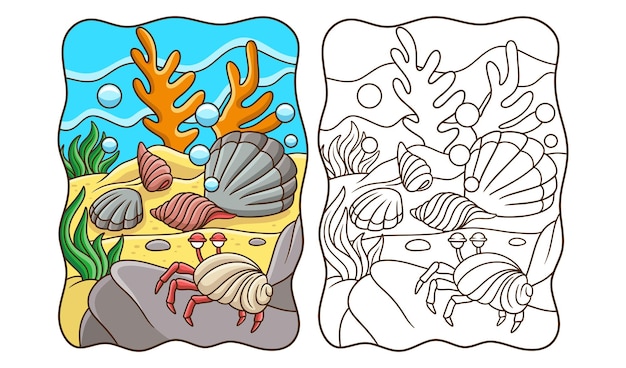 Ilustracja Kreskówka Muszle Morskie Spacerują Po Rafach Koralowych Do Głębszych Wód Książka Lub Strona Dla Dzieci