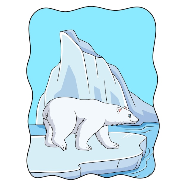 Ilustracja Kreskówka Niedźwiedź Polarny Chodzący Po Kostkach Lodu Na środku Morza W Poszukiwaniu Ryb Na Jedzenie